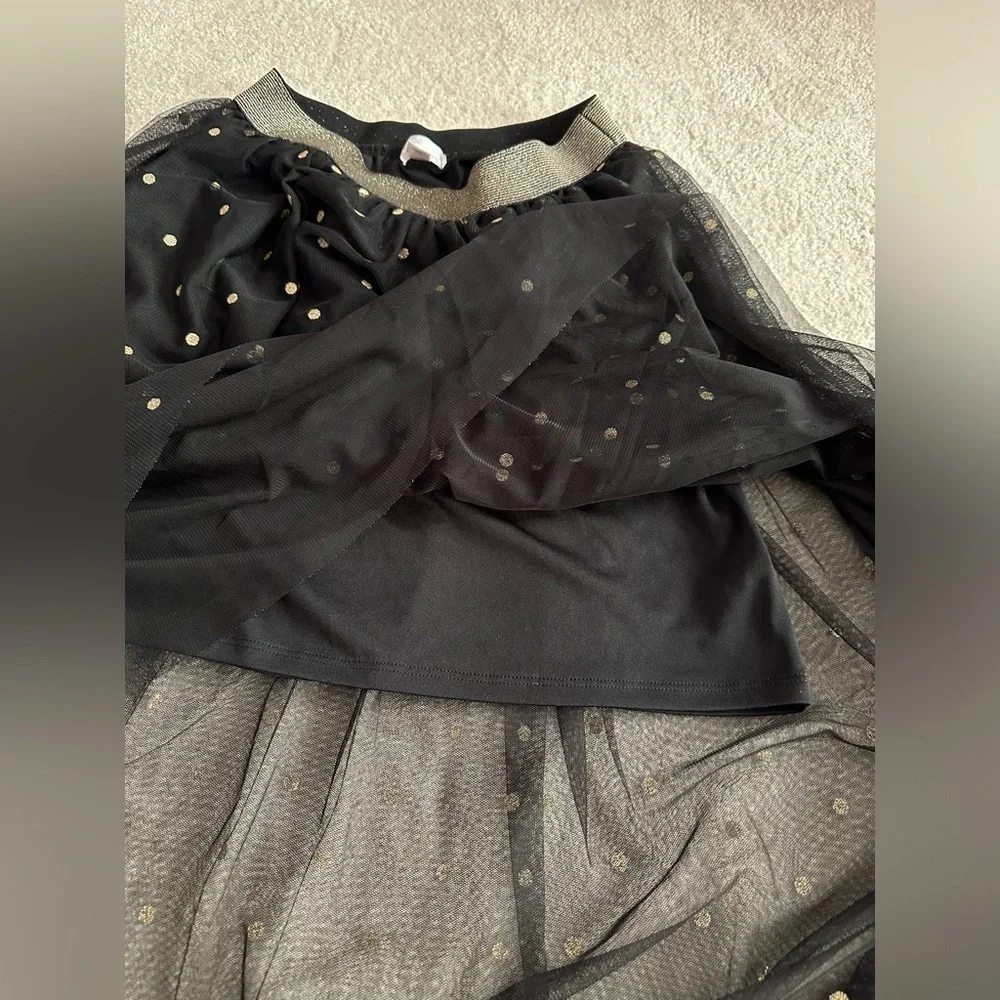 Xhilaration Girls XL 14-16 Blk tulle Skirt w lining & Gold polka dots & lining